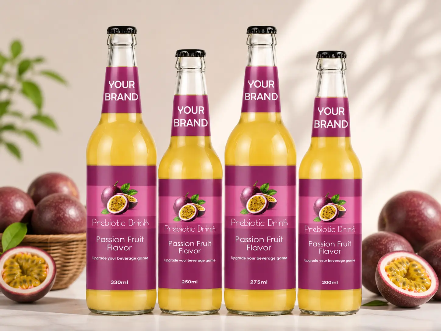 PREBIOTIC DRINK Passion Fruit Flavor 330ml, 250ml, 275ml and 200ml glass bottles.